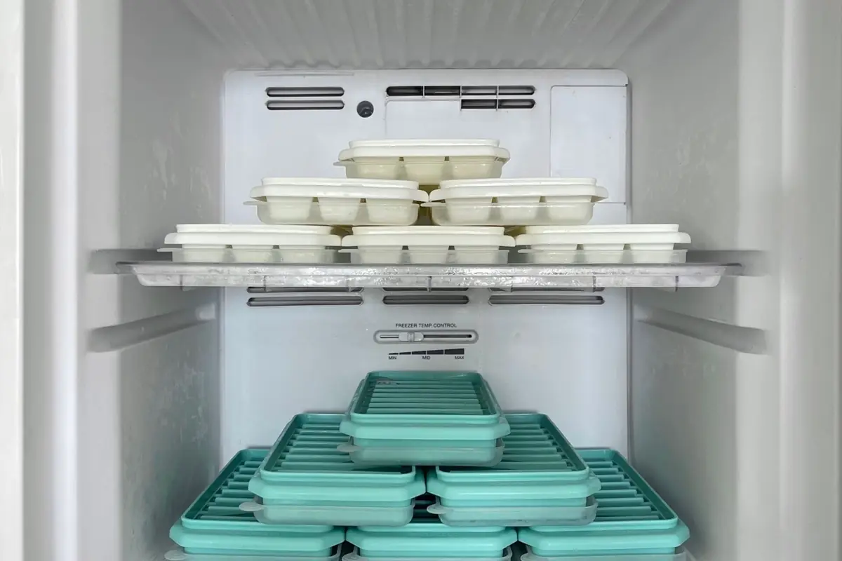 Stacked ice trays and containers inside a home freezer