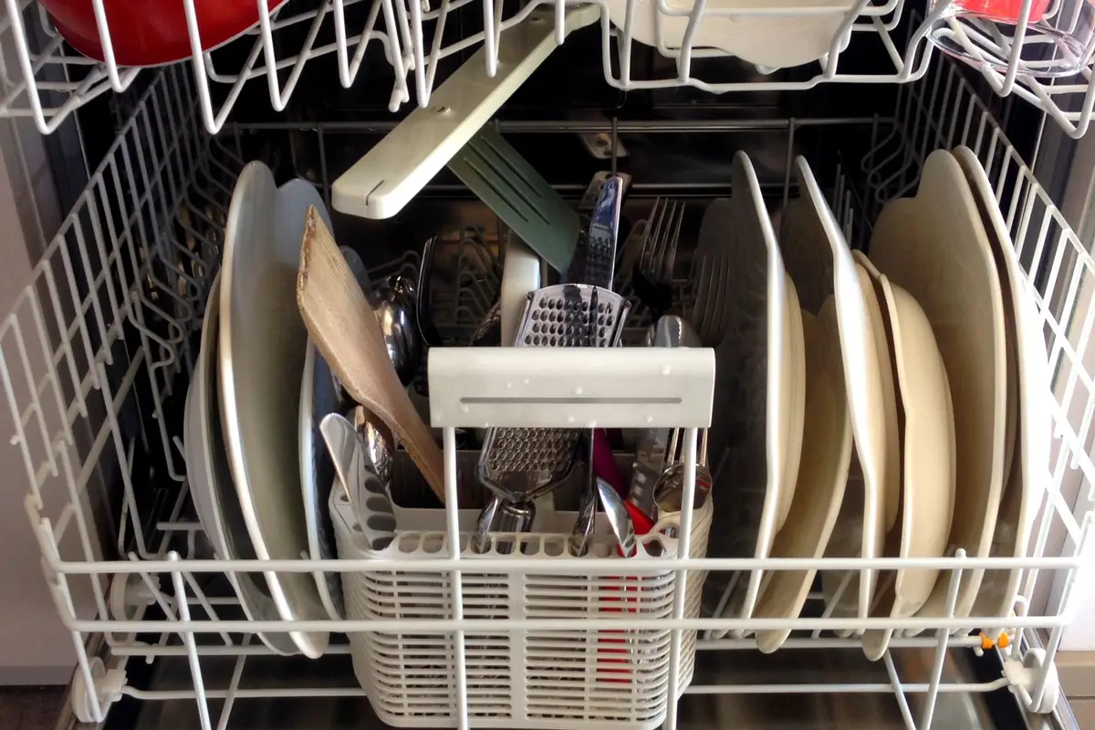 Plates and a cutlery basket in a dishwasher's lower rack