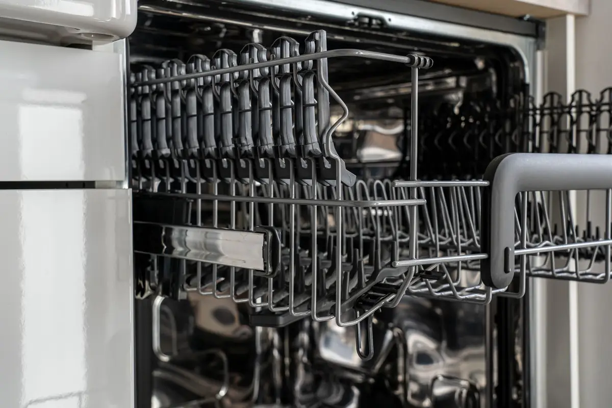 Close-up of an empty dishwasher's stainless steel tub and racks