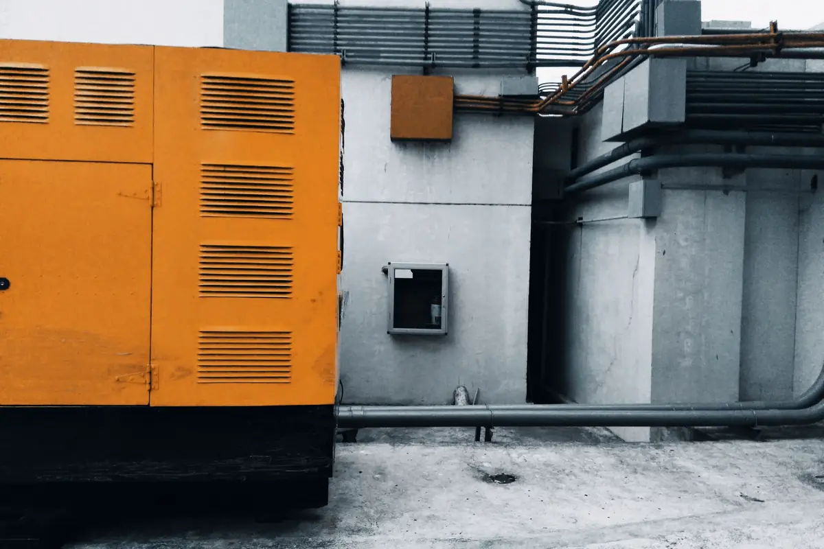 A large orange standby generator next to a building