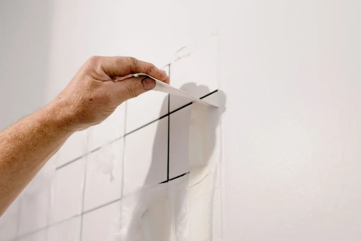 A hand marking a line on a white tile wall