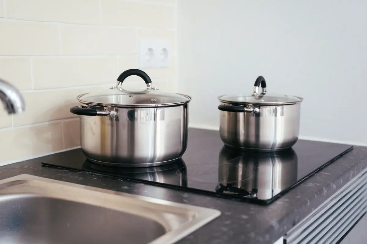 Two lidded stainless steel pots on a two-zone induction cooktop