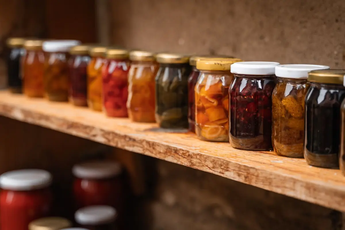 Home-canned preserves in mason jars on a wooden pantry shelf