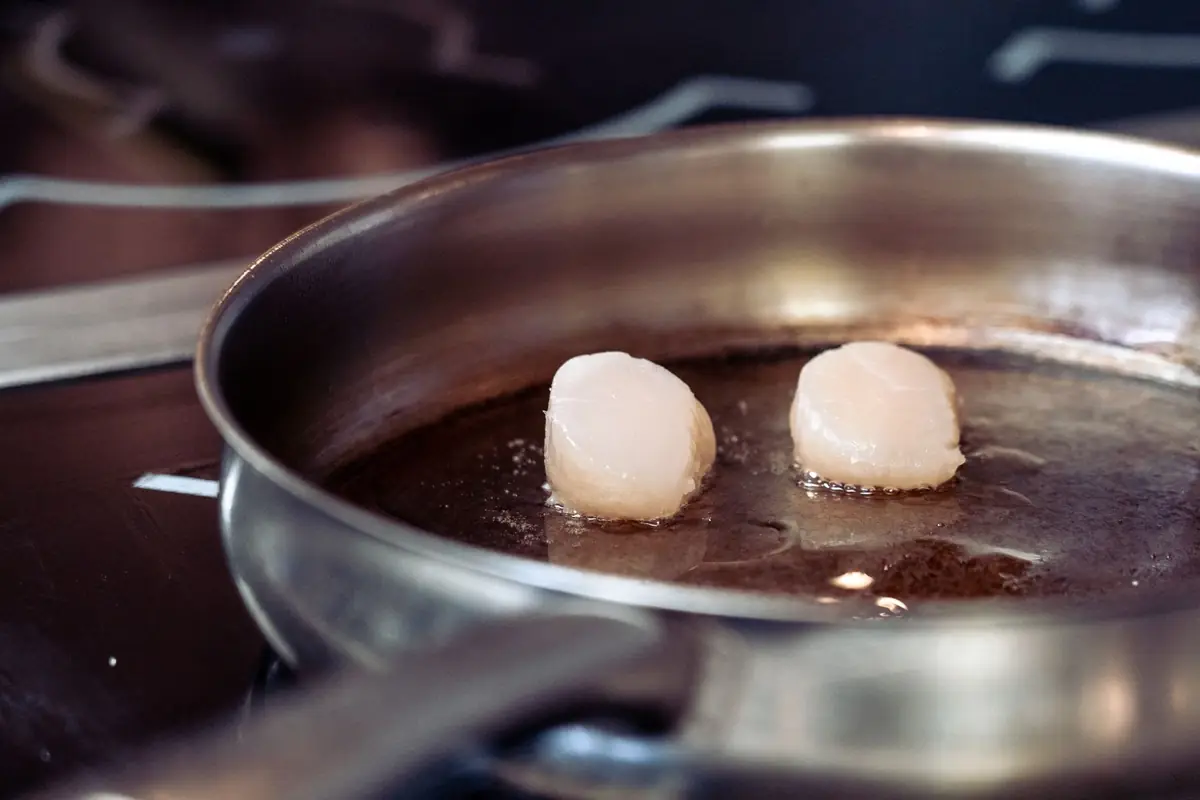 Scallops searing in hot oil in a stainless steel pan