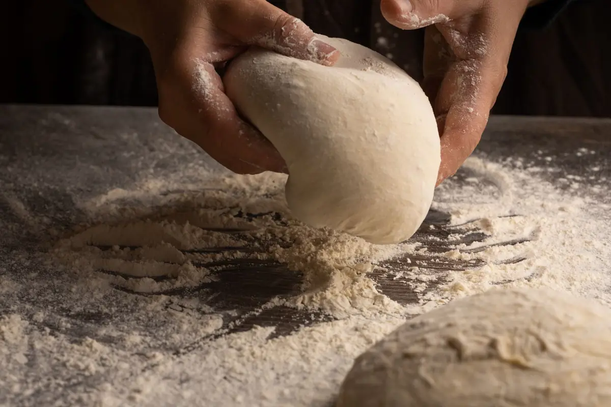 Hands kneading a ball of dough on a floured surface
