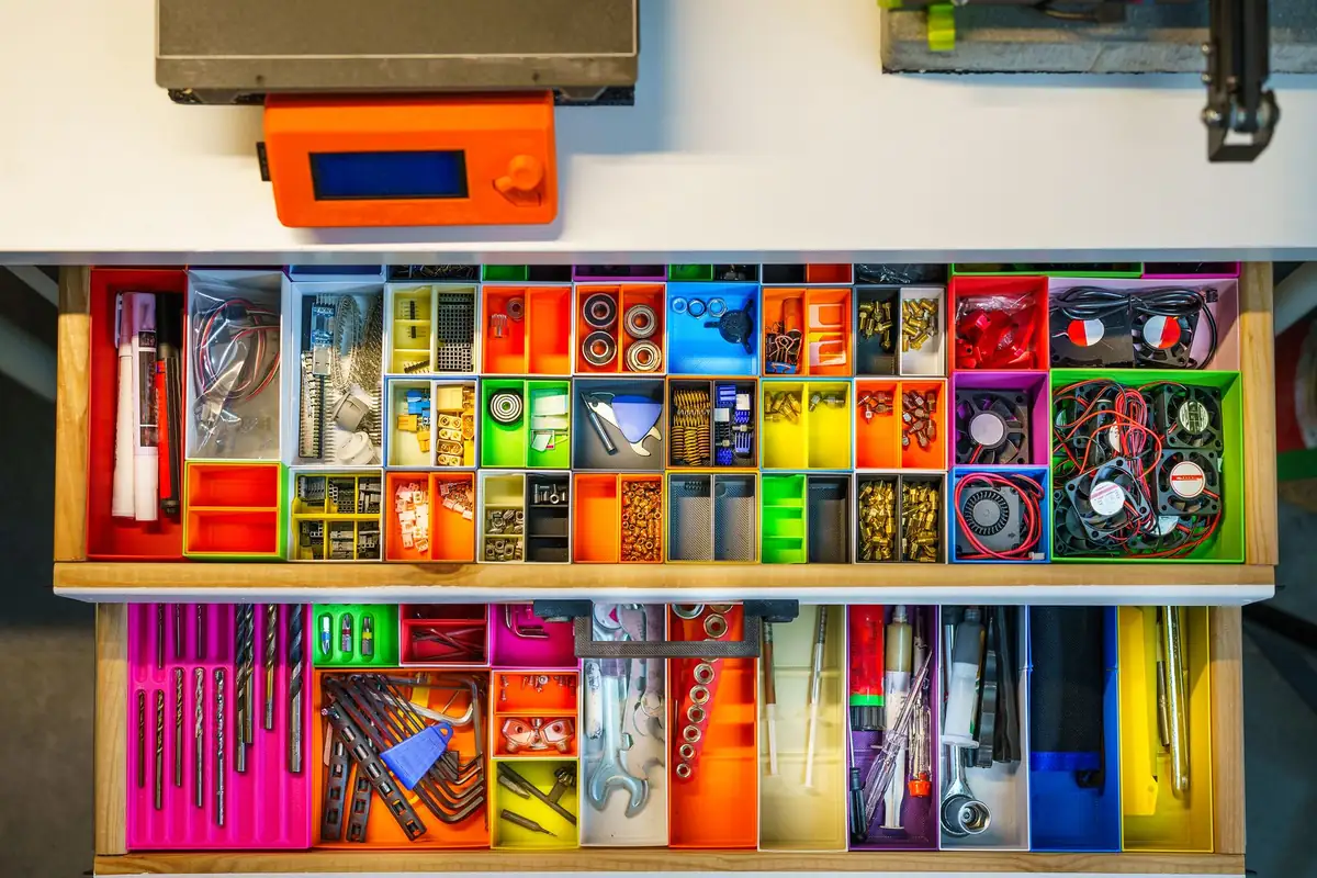 A tool drawer organized with colored dividers