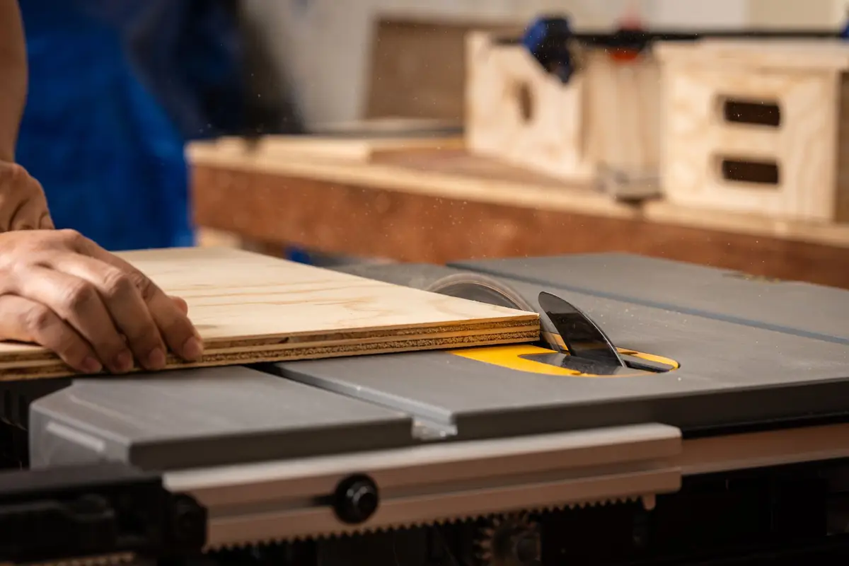 Hands guiding a sheet of plywood through a saw