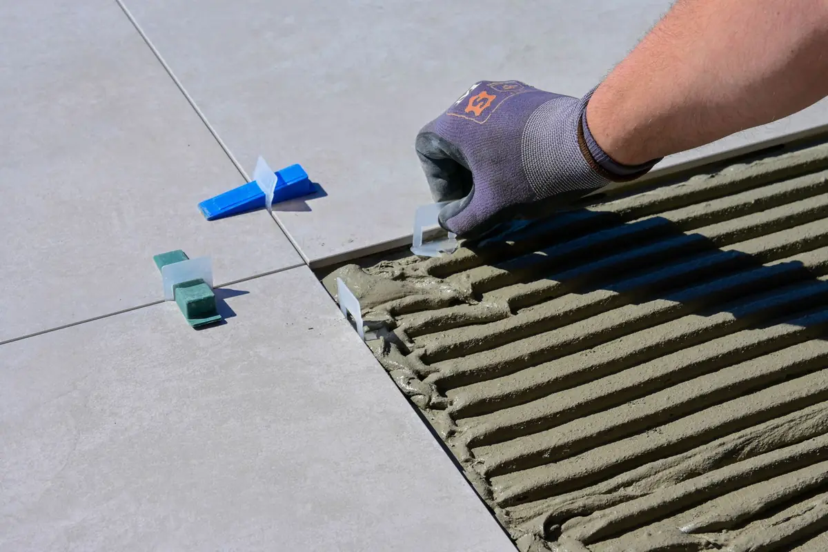 A gloved hand setting floor tiles with leveling clips