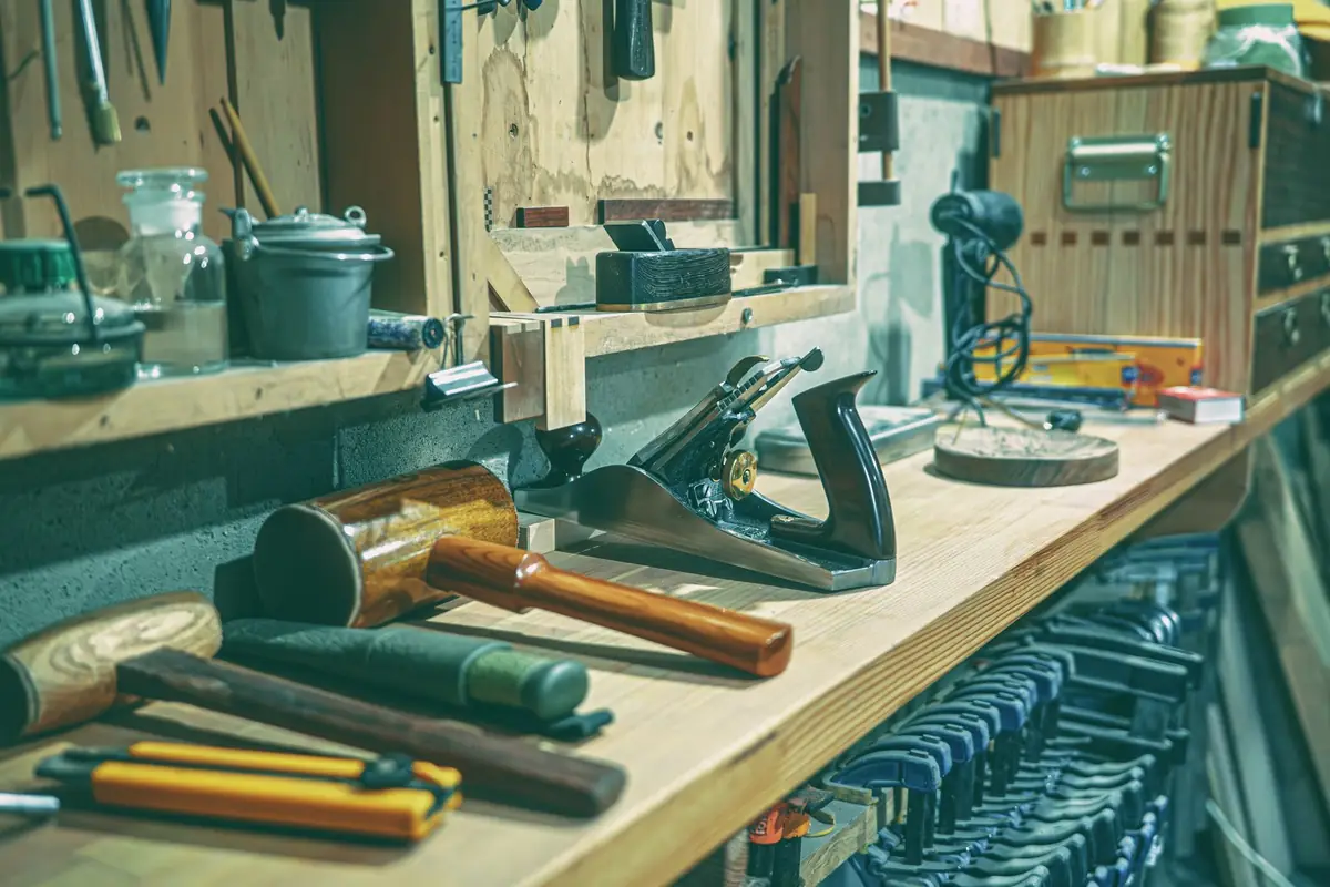 A tidy wooden workbench with hand planes, mallets and clamps