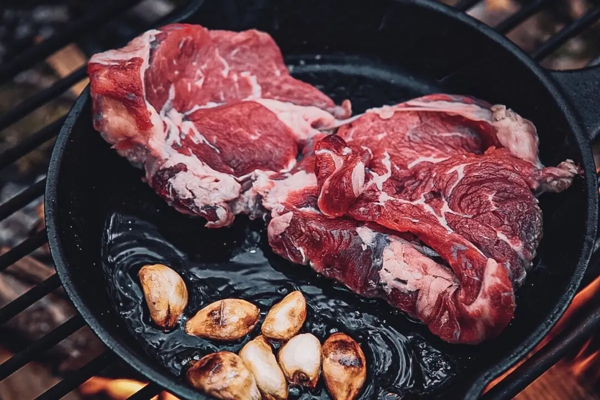 Steaks and garlic in a cast iron skillet over a campfire
