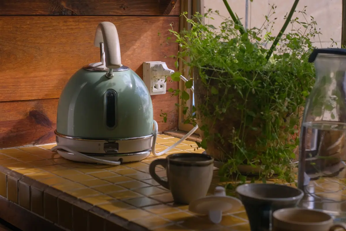 A green retro electric kettle on a tiled counter next to a plant