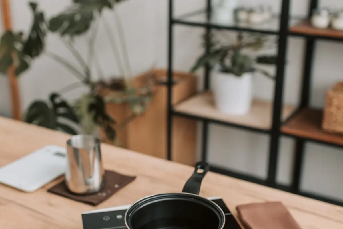 A frying pan on a portable induction burner on a wooden counter