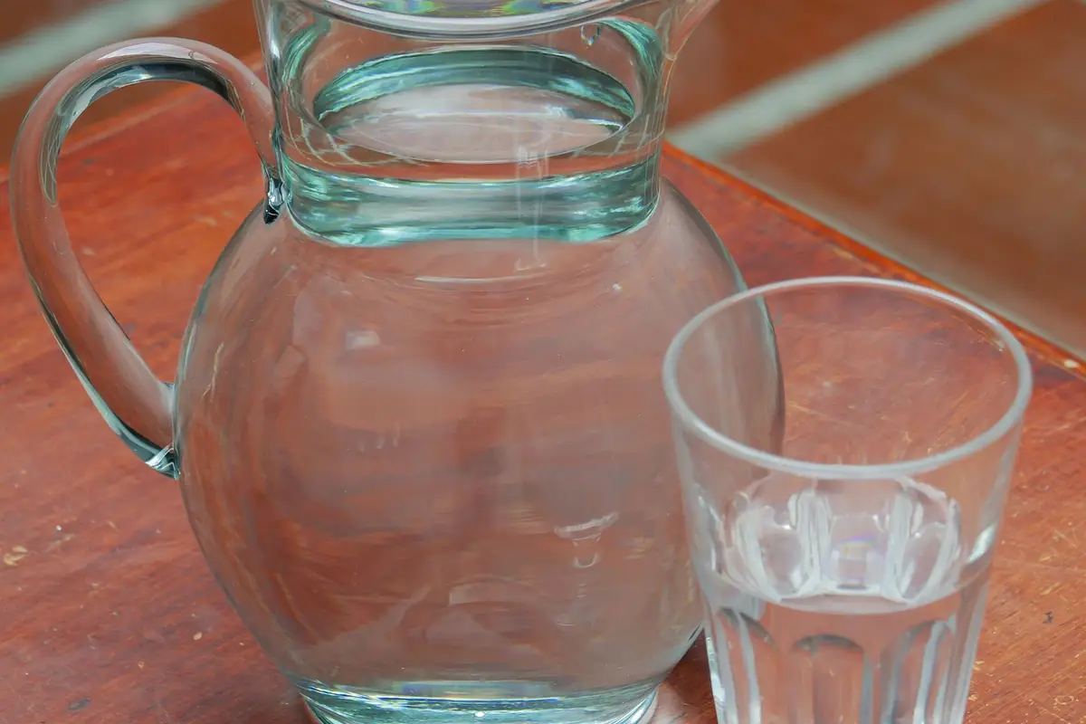 A glass pitcher and a drinking glass of clear water