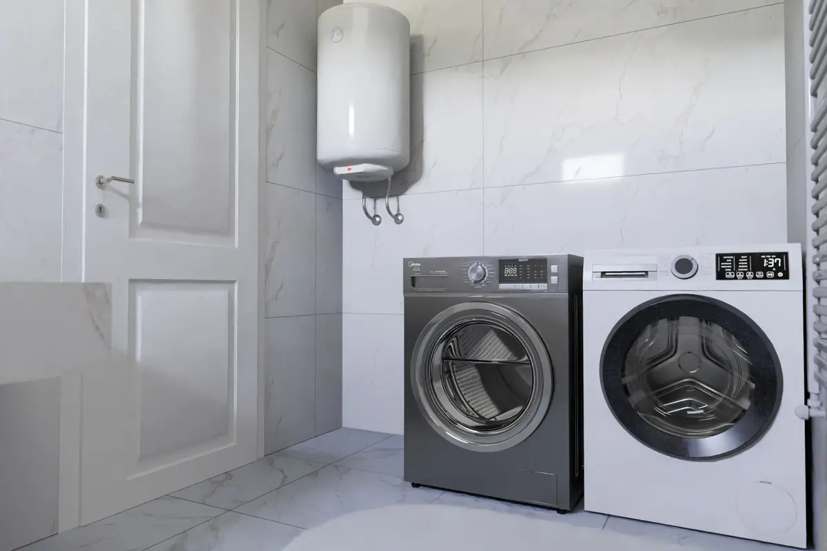 A laundry room with a washer, dryer and a wall-mounted tank water heater